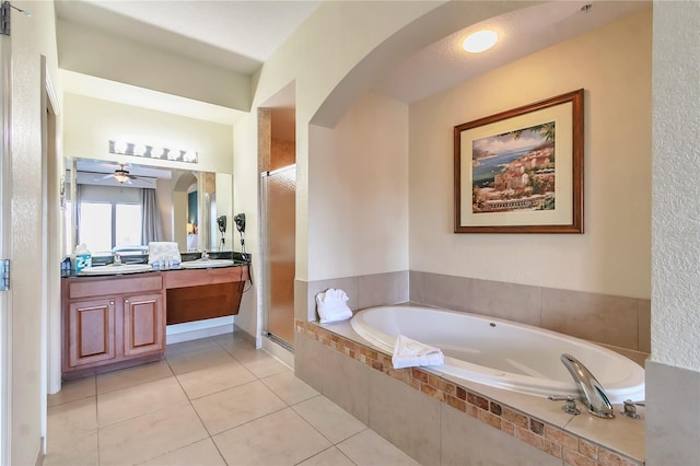 bathroom with vanity, tile patterned floors, ceiling fan, and separate shower and tub