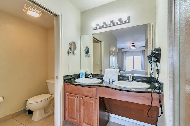 bathroom with tile patterned flooring, vanity, toilet, and ceiling fan