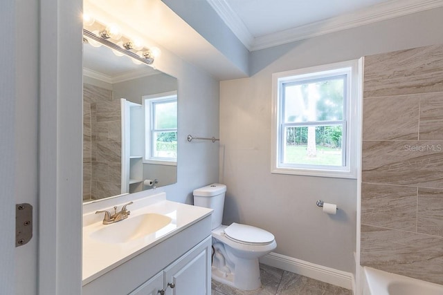 bathroom featuring crown molding, plenty of natural light, vanity, and toilet