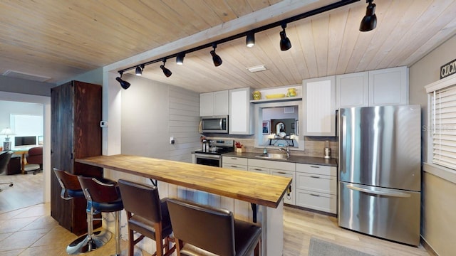 kitchen featuring butcher block countertops, white cabinetry, and stainless steel appliances