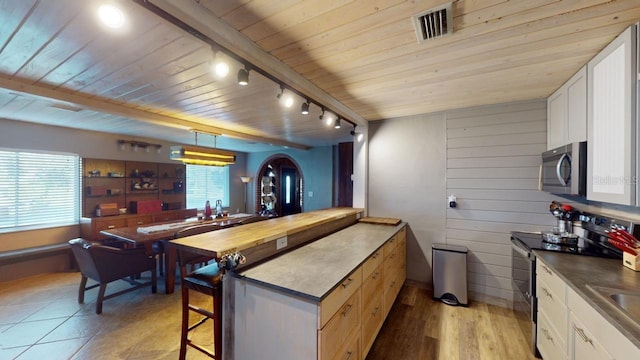 kitchen with white cabinets, pendant lighting, a healthy amount of sunlight, and stainless steel appliances