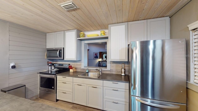 kitchen with white cabinetry, sink, wooden ceiling, wood walls, and appliances with stainless steel finishes