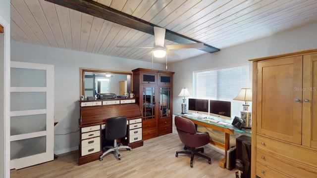 office space with light hardwood / wood-style flooring and ceiling fan