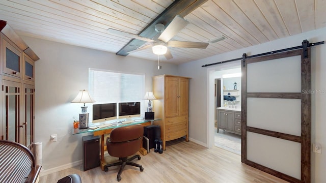 office space featuring a barn door, ceiling fan, light hardwood / wood-style flooring, and wooden ceiling