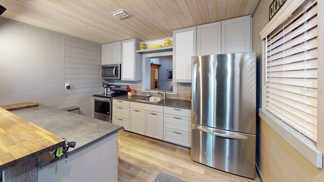 kitchen featuring appliances with stainless steel finishes, light wood-type flooring, wood ceiling, sink, and white cabinets