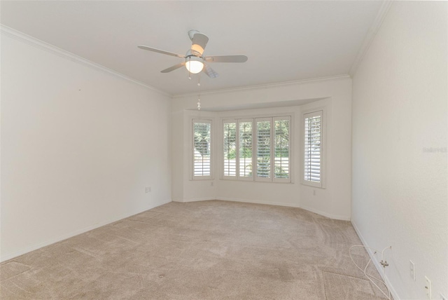 carpeted empty room with ceiling fan and crown molding