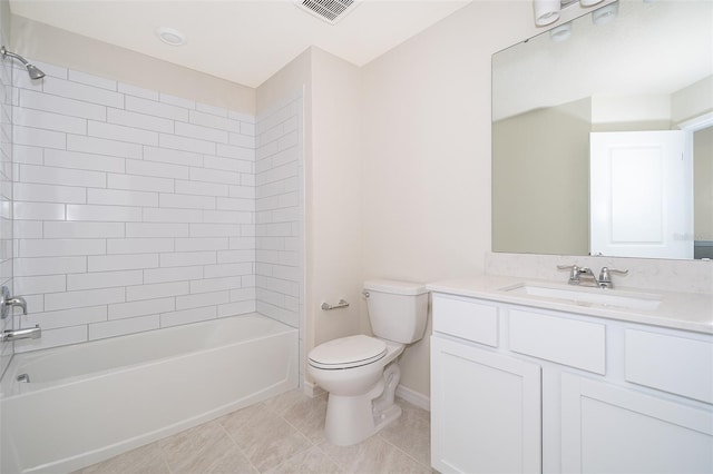 full bath with shower / tub combination, toilet, vanity, visible vents, and tile patterned floors