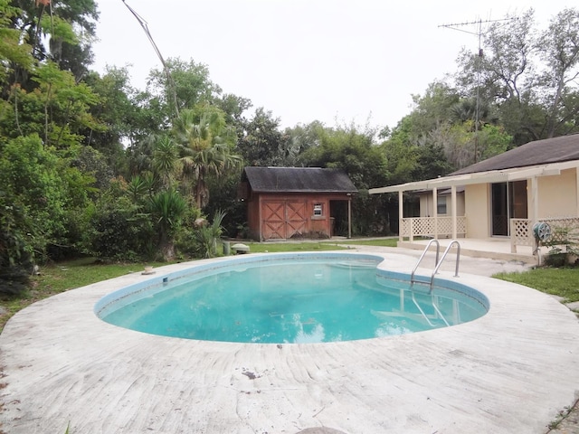 view of swimming pool featuring a storage unit and a patio