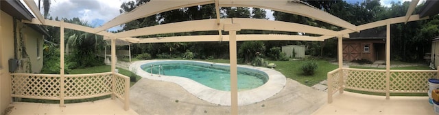 view of swimming pool with a patio and a shed