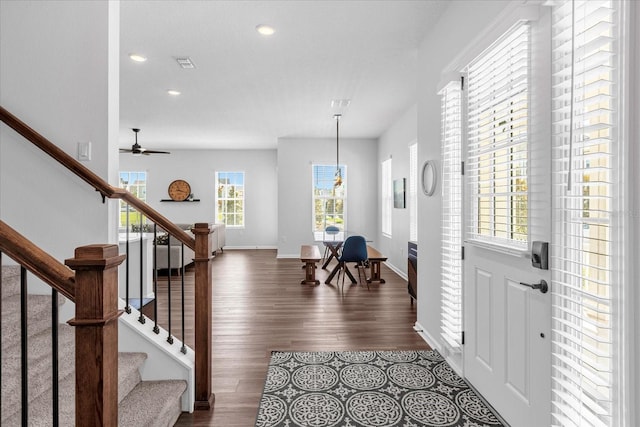 entrance foyer with ceiling fan and dark hardwood / wood-style floors