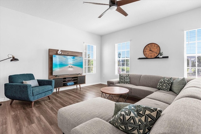 living room with a wealth of natural light, ceiling fan, and wood-type flooring