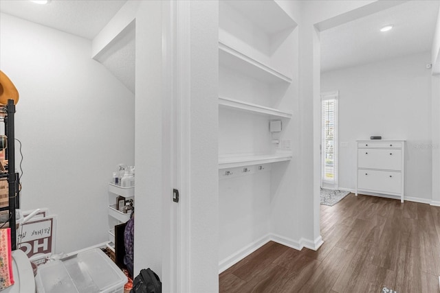 spacious closet with dark hardwood / wood-style flooring