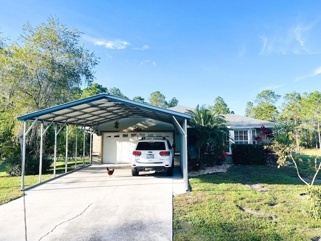 view of parking with a carport, a yard, and a garage