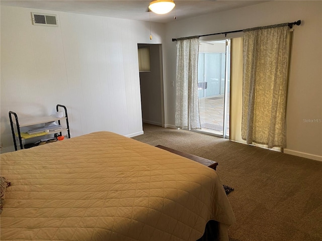 bedroom with ceiling fan and carpet