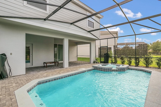 view of pool with glass enclosure, an in ground hot tub, and a patio