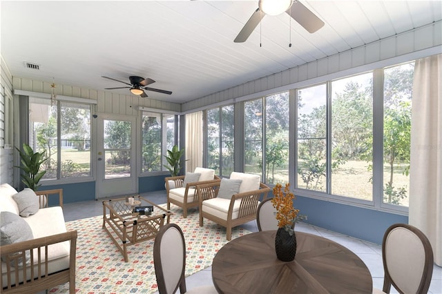 sunroom / solarium with outdoor lounge area, visible vents, and ceiling fan