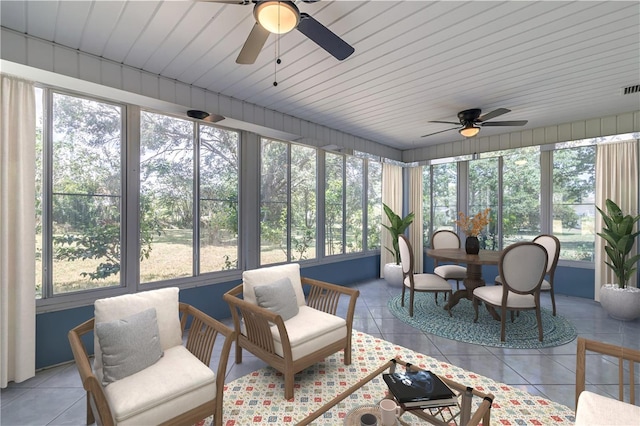 sunroom / solarium featuring a ceiling fan and visible vents