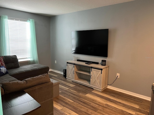 living room featuring dark wood-type flooring and a textured ceiling