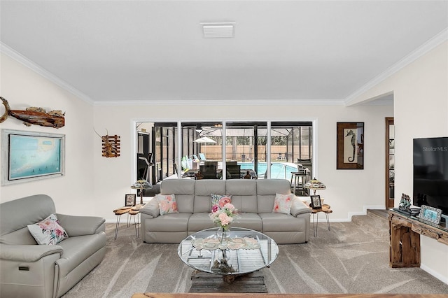 carpeted living room with ornamental molding