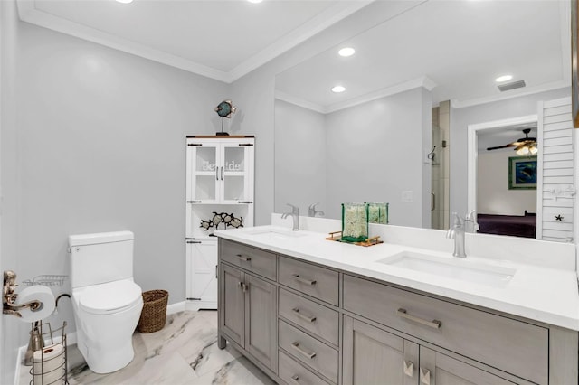 bathroom featuring tile flooring, ceiling fan, crown molding, walk in shower, and dual bowl vanity