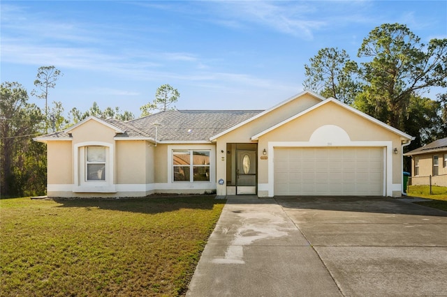 ranch-style house featuring a front yard and a garage