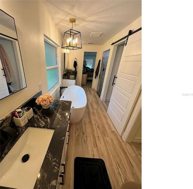 bathroom with hardwood / wood-style flooring, vanity, and an inviting chandelier