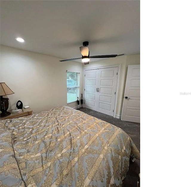 bedroom with baseboards, recessed lighting, ceiling fan, a closet, and dark carpet