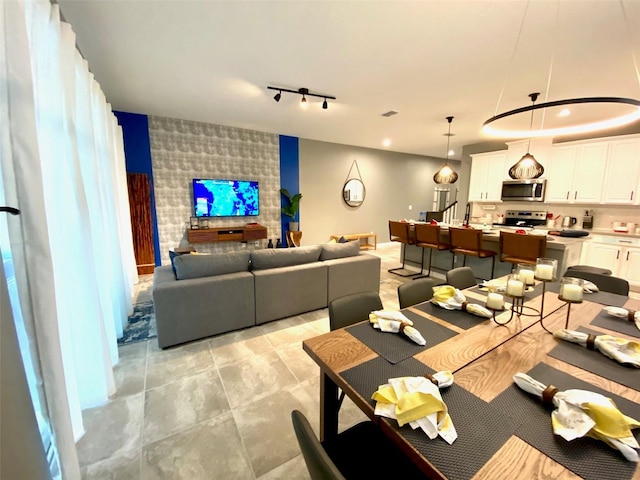 dining area with light tile patterned flooring