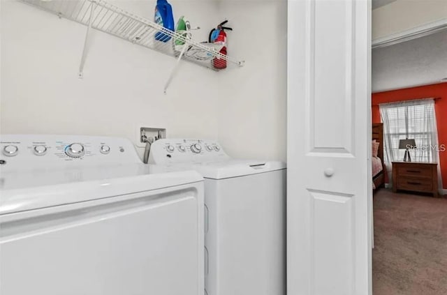 laundry room featuring carpet and washing machine and clothes dryer