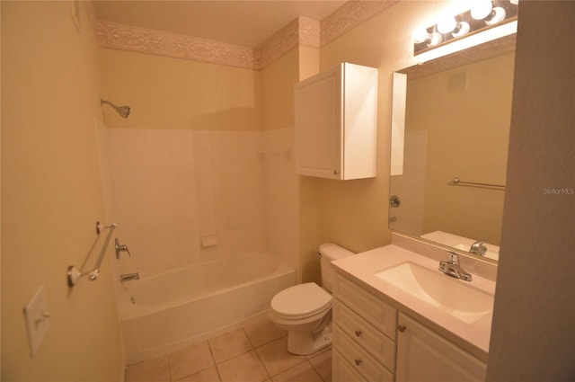 bathroom featuring vanity, shower / tub combination, tile patterned flooring, and toilet