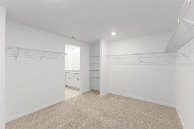 spacious closet featuring light carpet