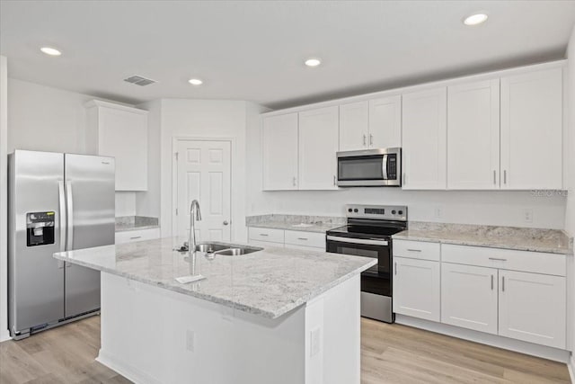 kitchen with sink, an island with sink, stainless steel appliances, and white cabinets