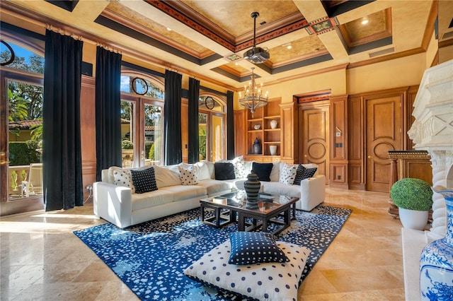 living room with coffered ceiling, ornamental molding, a high ceiling, and beamed ceiling