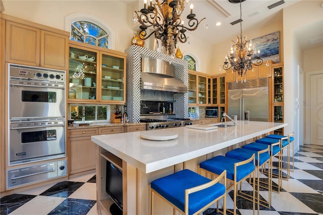 kitchen featuring hanging light fixtures, stainless steel appliances, backsplash, a center island with sink, and a kitchen bar