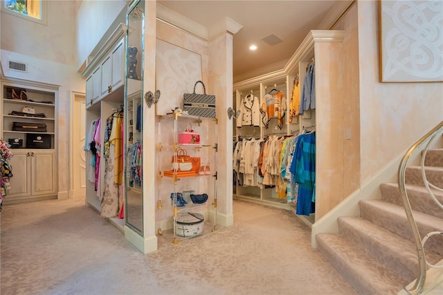 mudroom with light carpet and crown molding