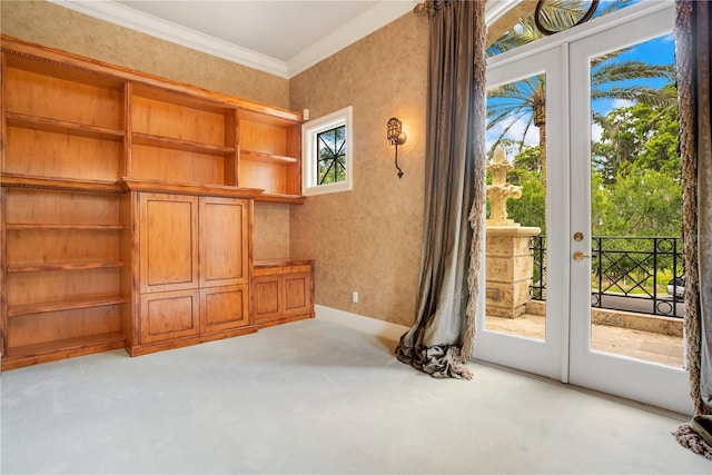 doorway to outside featuring french doors, light carpet, and ornamental molding