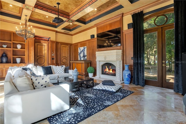 living room featuring beam ceiling, a high ceiling, crown molding, french doors, and coffered ceiling