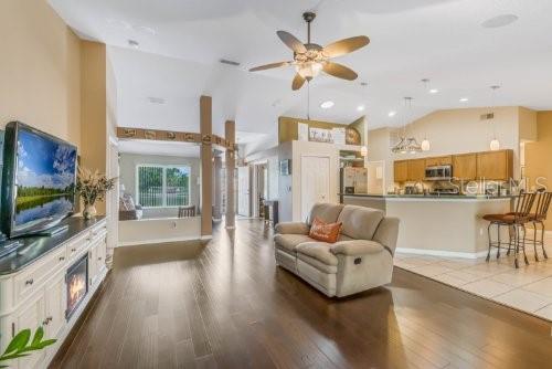 living room featuring lofted ceiling, ceiling fan, and dark wood finished floors