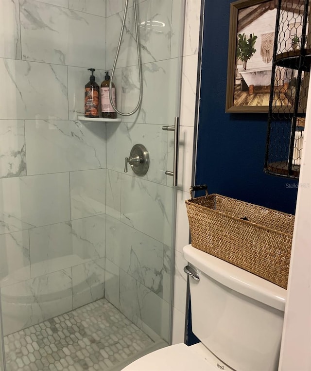 bathroom featuring a stall shower and toilet