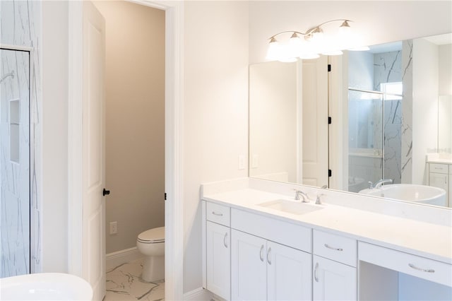 bathroom with vanity, an enclosed shower, and toilet