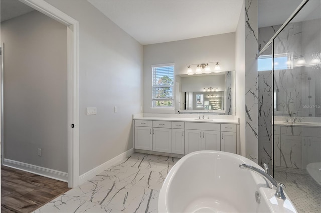 bathroom with vanity and plus walk in shower