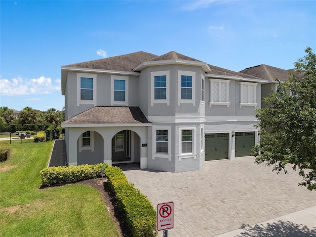 view of front facade with a garage and a front yard