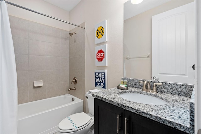 full bathroom with vanity, shower / bathtub combination with curtain, and toilet