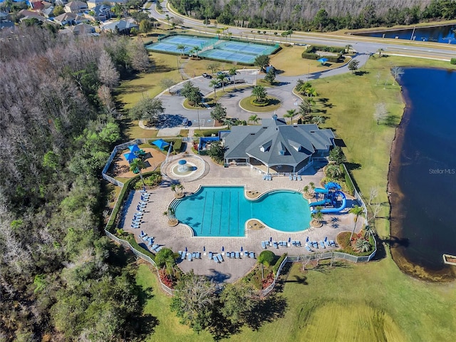 drone / aerial view featuring a water view