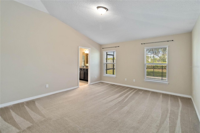 unfurnished room with a textured ceiling, light colored carpet, and vaulted ceiling