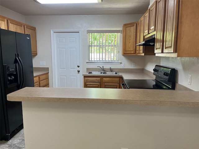 kitchen featuring kitchen peninsula, sink, and black appliances