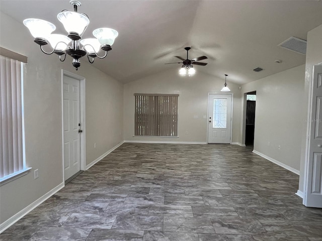 interior space with ceiling fan with notable chandelier and vaulted ceiling