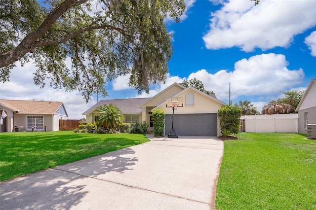 view of front of property featuring central AC, a garage, and a front lawn