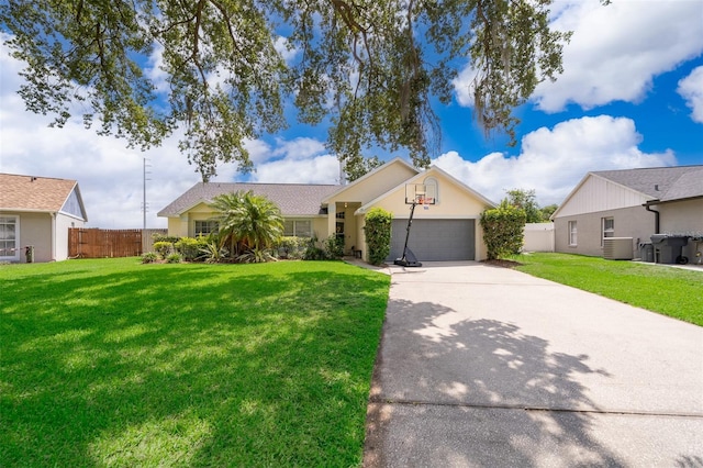 ranch-style house featuring cooling unit, a garage, and a front lawn