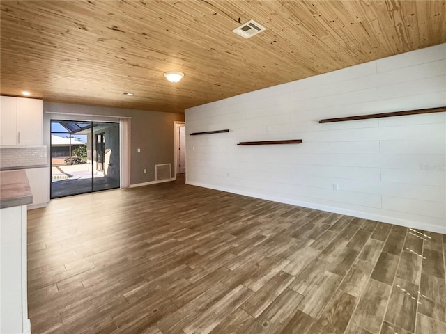 unfurnished living room featuring dark hardwood / wood-style flooring and wooden ceiling